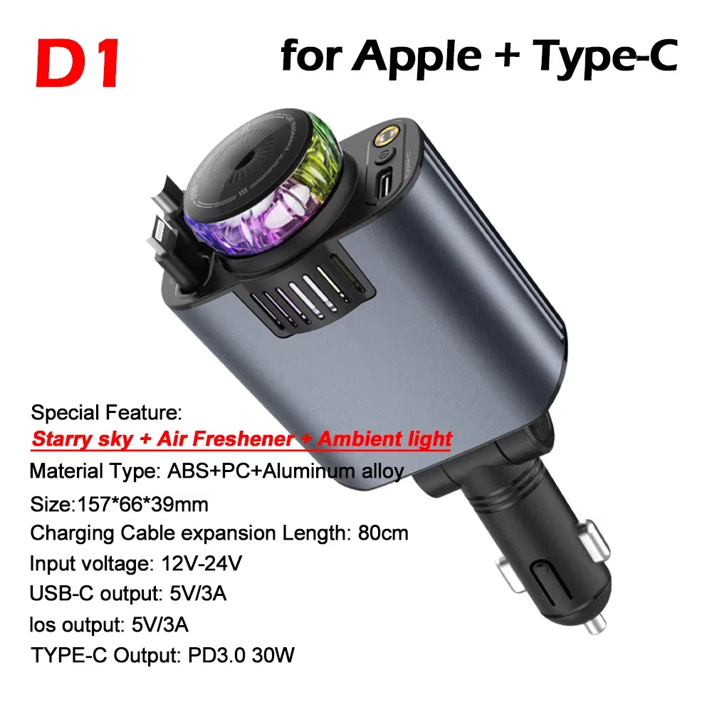 NEW Arrival Starlight Retractable Car USB Charger, 66W 5 in 1 Fast Charging, Car Air Freshener & 2 USB Ports Car Charger Adapter