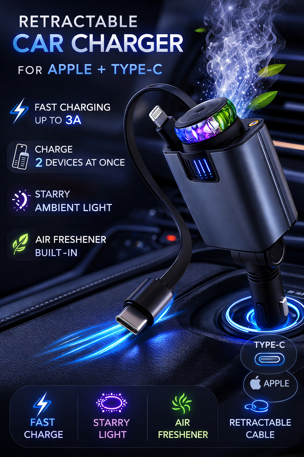 Starlight™ 66W 5-in-1 Retractable Car Charger Pro