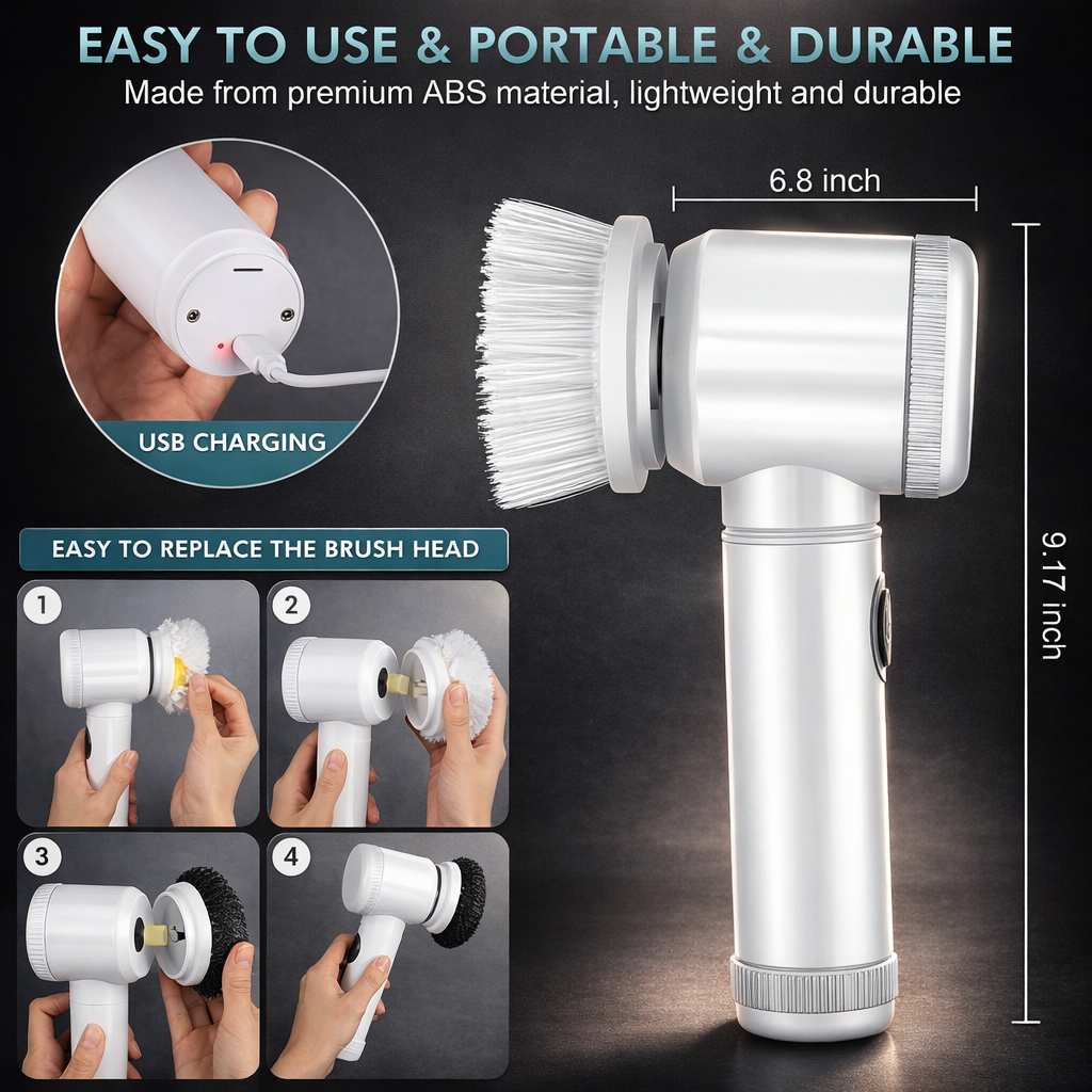 PureSpin™ Pro Cordless Spin Scrubber – 5-Head System with Extension Handle